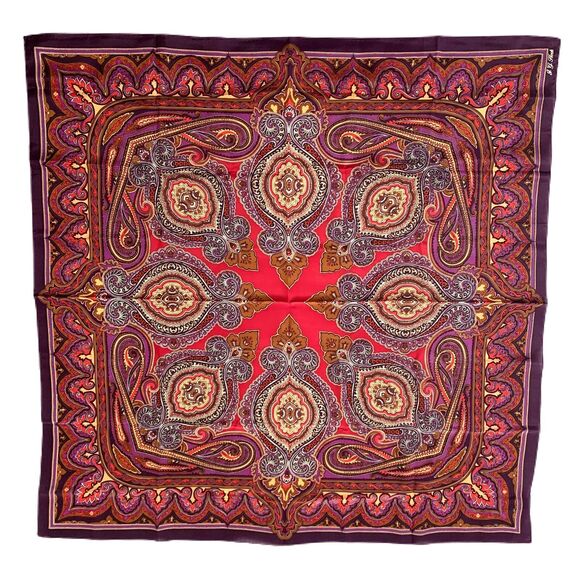 Purple Silk Paisley Scarf Square Signed JG Hook Old Money Career Professional - Picture 2 of 5